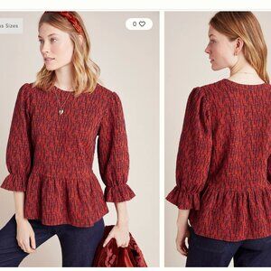 Ro & De Red Puff Sleeve Smocked Peplum Blouse Size S